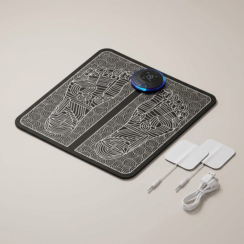 RelaxMax tapete EMS con sus dos electrodos y cable USB