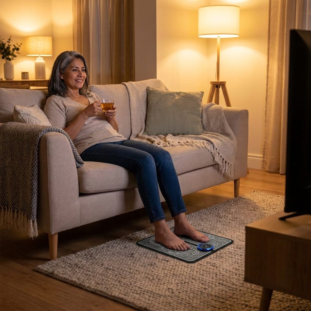 Mujer relajada usando RelaxMax mientras ve televisión
