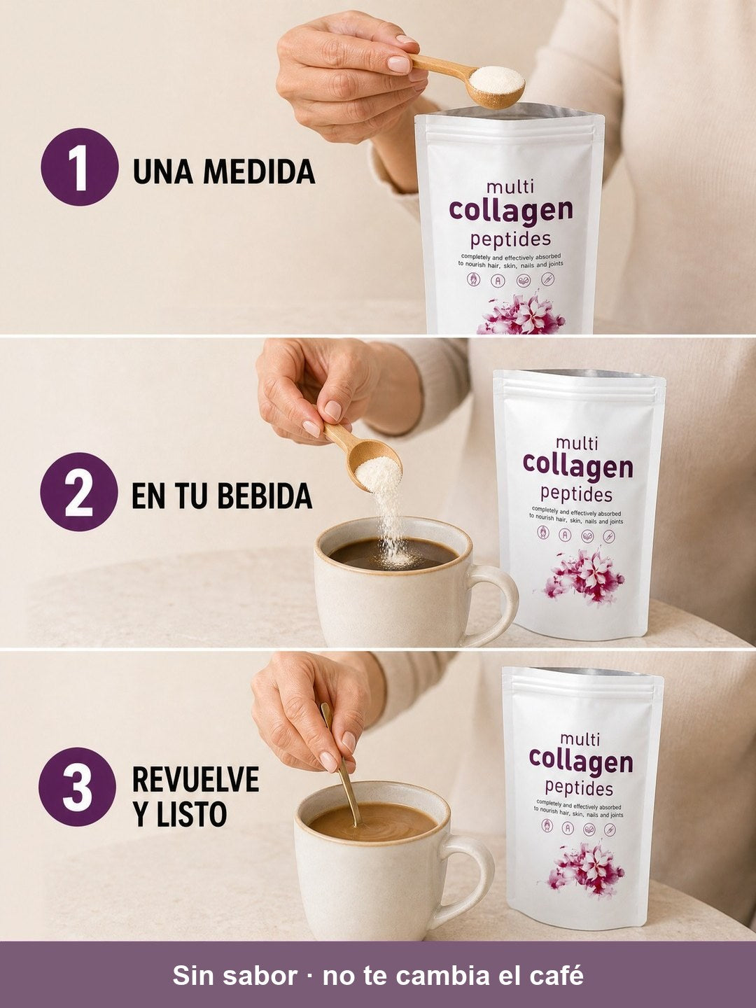 Cómo se toma en 3 pasos: una medida, en tu bebida, revuelve y listo