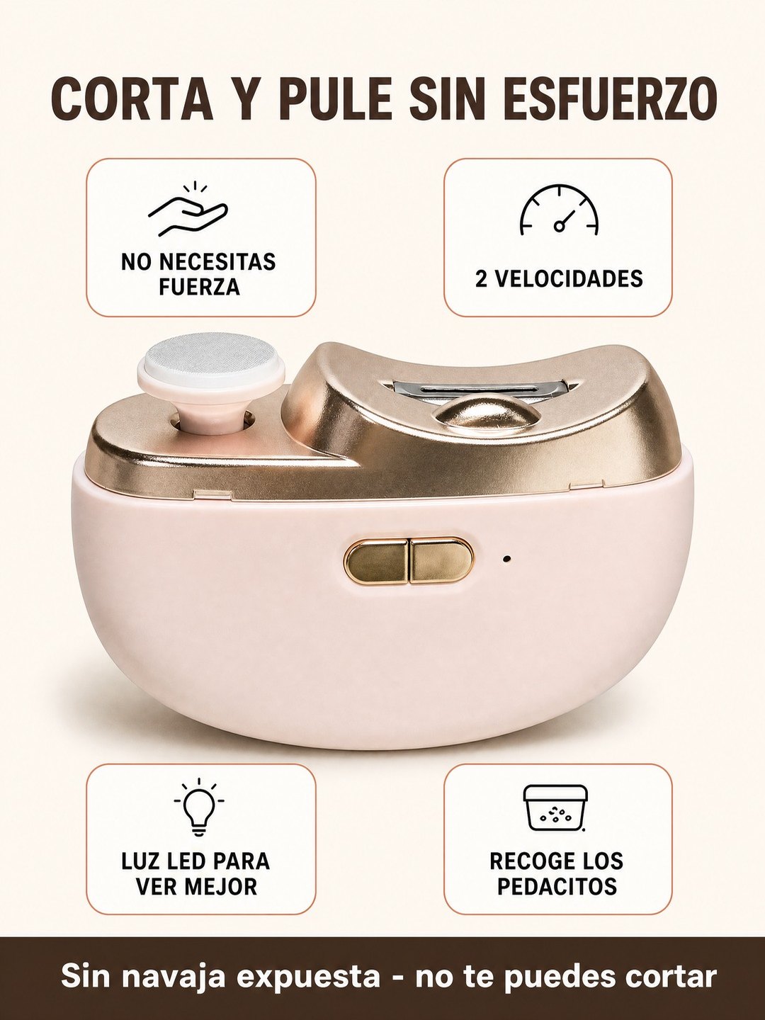 Detalles del cortaúñas: sin fuerza, 2 velocidades, luz LED y depósito de recortes