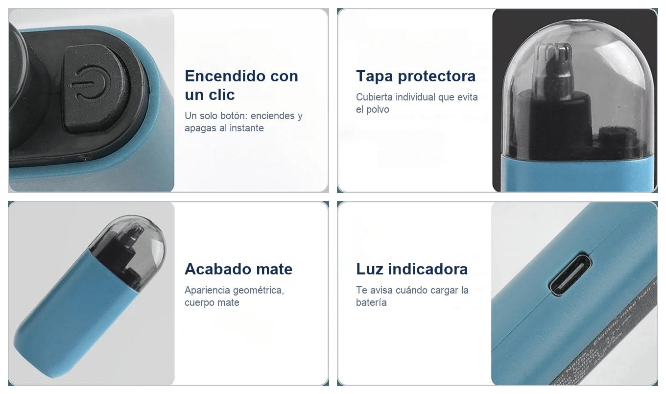 Diseño cuidado en cada detalle: encendido con un clic, tapa protectora, acabado mate y luz indicadora de batería